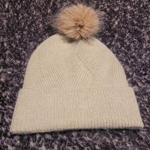 Calvin Klein Ivory-shimmer Knit Hat with Beige Pom